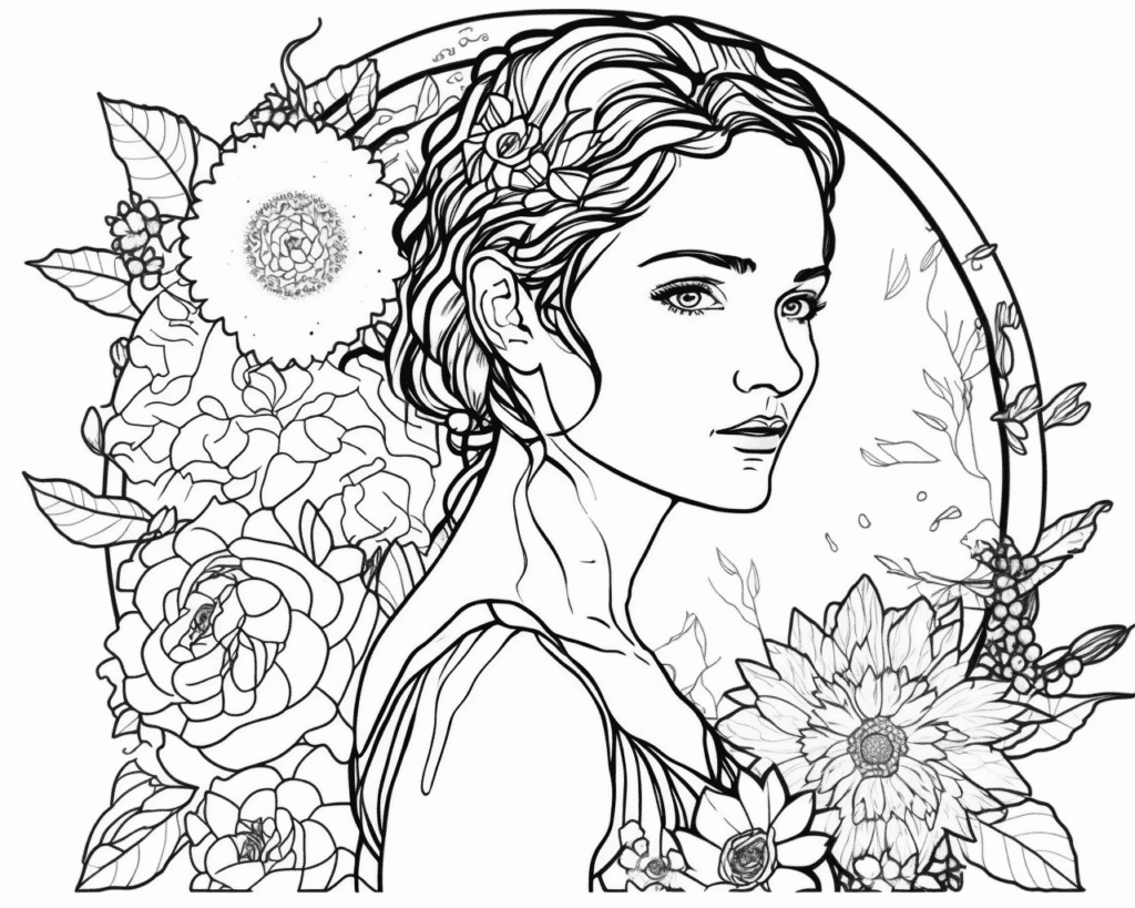 Розмальовка портрета жінки з квіткою у волоссі серед троянд і соняшника